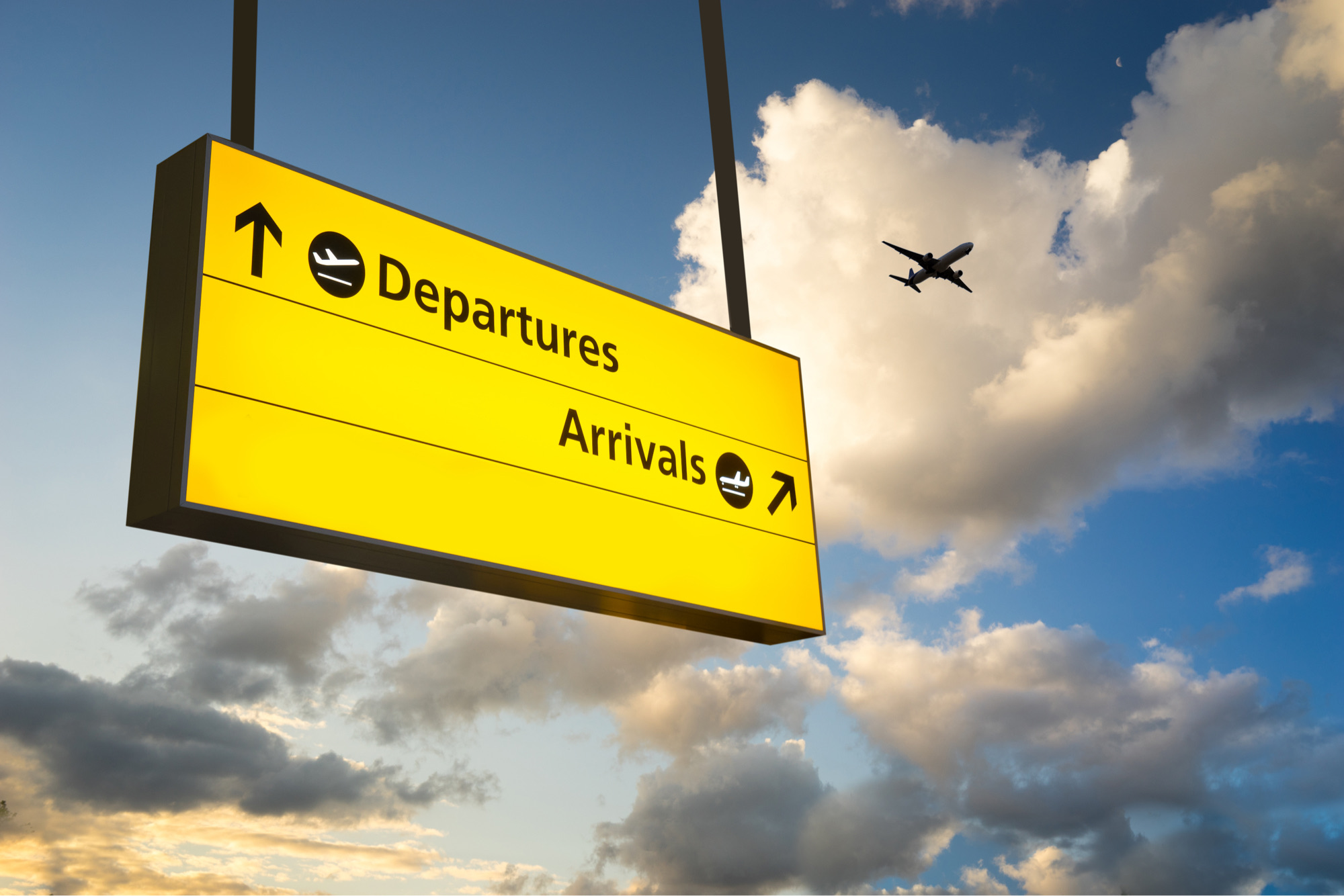 Photo of a sign showing the directions for departures and arrivals